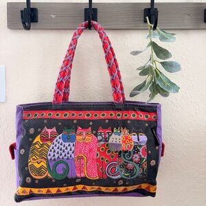 Laurel Burch Multicolor Cat Tote Bag Whimsical Folk Art X Large Shoulder Bag
